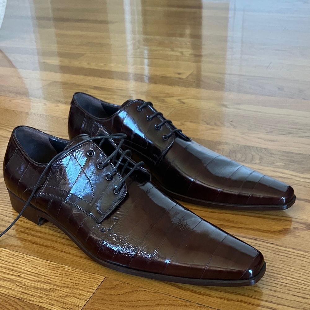 Elegant Brown Crocodile Pattern Men's Derby Shoes - Italian made, brand new